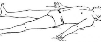 Hands lie along the body, palms down, legs straight, slightly apart